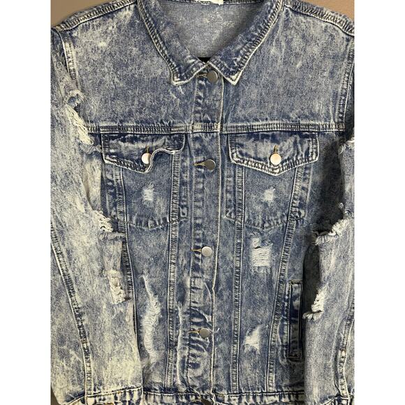 Bibi Blue Jean Acid Wash Distressed Long Sleeve Button Up Denim Jacket Size M - Picture 6 of 6